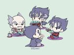  4boys balding black_coat black_hair black_wings card chibi coat cup devil_jin facial_hair facial_mark fingerless_gloves forehead_jewel gloves grey_facial_hair grey_horns holding holding_card horns indian_style jack_(playing_card) jack_of_hearts kazama_jin kotorai male_focus mishima_heihachi mishima_kazuya multiple_boys mustache old old_man playing_card pointing scar scar_on_chest signature simple_background sitting solid_oval_eyes steam tekken three_of_diamonds v-shaped_eyebrows wings 