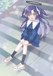  1girl black_socks blue_archive blue_dress blush dress full_body halo highres kurape_(pat1na) long_hair long_sleeves looking_at_viewer mechanical_halo open_mouth purple_eyes purple_hair shoes sitting sitting_on_stairs socks solo stairs two_side_up white_footwear yuuka_(blue_archive) 