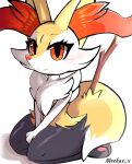  1girl animal_ear_fluff animal_ears animal_feet animal_hands animal_nose artist_name between_legs black_fur blush body_fur braixen closed_mouth commentary fox_ears fox_girl fox_tail full_body furry furry_female hand_between_legs happy highres kneeling light_blush looking_at_viewer meeka multicolored_fur neck_fur own_hands_together pawpads pokemon pokemon_(creature) red_eyes seiza simple_background sitting smile snout solo split_mouth stick tail thick_thighs thighs v_arms watermark white_background white_fur yellow_fur 