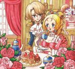  1boy 1girl aiguillette ascot blonde_hair blue_eyes blue_jacket bow cup cupcake curtains dress earrings epaulettes flower food fruit hans_axel_von_fersen holding holding_cup holding_saucer indoors jacket jewelry leaning_forward long_hair long_sleeves looking_at_another marie_antoinette_(versailles_no_bara) meremero open_mouth pink_bow pink_dress pink_flower pink_rose plate princess red_flower red_rose rose saucer sitting smile spoon standing strawberry table teacup teapot third-party_source tiara traditional_media versailles_no_bara white_ascot window 