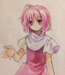  1girl closed_mouth commentary_request dress flat_chest hand_up highres kaigen_1025 looking_at_viewer medium_hair one_side_up painting_(medium) pink_dress pink_eyes pink_hair sara_(touhou) simple_background smile solo touhou touhou_(pc-98) traditional_media watercolor_(medium) white_background 