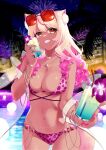  1girl animal_ear_fluff animal_ears animal_print aviator_sunglasses bikini blonde_hair bracelet breasts cleavage clenched_teeth cowboy_shot cup drinking_straw eyewear_on_head fate/grand_order fate_(series) flower fox_ears fox_tail gradient_hair hand_on_own_hip heart heart_tan highres holding holding_cup jewelry large_breasts leopard_print m_0506 multicolored_hair nail_polish navel necklace night palm_tree pink_bikini pink_hair pink_nails pool print_bikini purple_flower smile solo stomach sunglasses suzuka_gozen_(fate) suzuka_gozen_(swimsuit_rider)_(fate) suzuka_gozen_(swimsuit_rider)_(second_ascension)_(fate) swimsuit tail tan teeth tree two-tone_hair yellow_eyes 