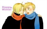  2boys alphonse_elric alternate_costume arms_at_sides black_shirt blonde_hair blue_neckwear blue_scarf blush braid brothers close-up closed_eyes closed_mouth edward_elric english_text facing_away fingernails fullmetal_alchemist hand_on_another&#039;s_shoulder happy high_collar leaning leaning_on_person light_smile long_sleeves looking_at_another looking_to_the_side m_(taika01_p) male_focus multiple_boys open_mouth red_neckwear red_scarf scarf shaded_face shiny shiny_skin shirt siblings side-by-side simple_background smile tareme tongue upper_body white_background winter_clothes yellow_eyes 