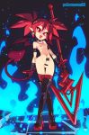  1girl absurdres bar_censor black_footwear black_gloves blue_fire boots breasts censored collar commentary crossed_legs demon_girl demon_tail demon_wings disgaea earrings etna fire full_body futanari gloves high_heel_boots high_heels highres jewelry looking_at_viewer makai_senki_disgaea nipples nude penis planted_weapon pointy_ears polearm red_eyes red_hair red_legwear rtil skull_earrings small_breasts solo spear standing tail testicles thigh_boots thigh_gap thighhighs thighhighs_under_boots twintails watson_cross weapon wings 