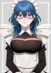  1girl apron black_dress blue_eyes blue_hair blush breasts byleth_(female)_(fire_emblem) byleth_(fire_emblem) closed_mouth dress fire_emblem fire_emblem:_three_houses glasses gmais2514 hair_between_eyes highres large_breasts long_hair long_sleeves looking_at_viewer maid maid_headdress mixed-language_commentary official_alternate_costume red-framed_eyewear smile solo waist_apron wavy_hair white_apron 