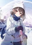  1girl absurdres bag blue_scarf blush brown_hair car closed_mouth coat gloves highres holding holding_umbrella house looking_at_viewer motor_vehicle original outdoors parted_bangs purple_gloves red_eyes scarf school_uniform shirt short_hair shoulder_bag siokazunoko smile snow solo sweater_vest transparent transparent_umbrella umbrella white_bag white_coat white_headwear white_shirt white_sweater_vest winter winter_clothes winter_coat winter_uniform 
