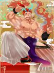  1boy absurdres antlers bara betweeneyeblow blush bulge chinese_zodiac cup dragon_boy dragon_horns dragon_tail fire full_body glowing_horns green_eyes hakama hakama_skirt highres hip_vent holding holding_cup horns japanese_clothes large_horns large_pectorals long_sideburns looking_at_viewer male_focus monster_boy muscular muscular_male new_year nipples original pectorals pouring pouring_onto_self pyrokinesis red_hair sakazuki short_hair sideburns sideburns_stubble skirt solo spread_legs squatting steaming_body tail thick_eyebrows year_of_the_dragon 
