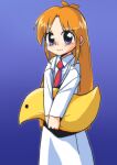  1990s_(style) 1girl absurdres blonde_hair blue_background blush coat commentary fukuokasaga gradient_background highres holding holding_toy lab_coat long_hair looking_at_viewer necktie nichijou own_hands_together professor_shinonome purple_eyes red_necktie retro_artstyle shirt sidelocks solo toy white_coat white_shirt 