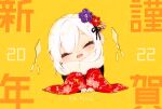  1girl 2022 ars_almal chibi closed_eyes facing_viewer floral_print flower fur_collar hair_flower hair_ornament happy_new_year japanese_clothes kimono moca_soon nijisanji open_mouth print_kimono red_kimono short_hair sitting smile solo virtual_youtuber white_hair 