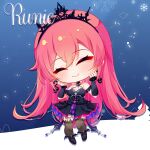  1girl artist_request bare_shoulders black_dress black_footwear black_sleeves black_tiara breasts character_name chibi cleavage closed_eyes detached_sleeves dress highres long_hair night night_sky phase_connect pink_hair red_brooch runie_ruse second-party_source sky smile snow snowflakes snowing solo thighhighs tiara tree 