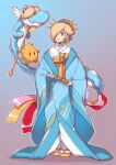  1girl ancient_dragon_(mario) blonde_hair blue_background blue_eyes blue_kimono brooch chinese_zodiac dragon earrings eastern_dragon full_body gradient_background hair_ornament hair_over_one_eye highres holding holding_wand japanese_clothes jewelry kimono looking_at_viewer luma_(mario) mario_(series) pink_background rosalina saiwo_(saiwoproject) sandals socks solo star_(symbol) star_brooch star_earrings updo wand white_socks year_of_the_dragon 