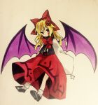  1girl bat_wings black_footwear black_vest blonde_hair commentary_request elis_(touhou) facial_mark flat_chest flower full_body hair_flower hair_ornament hair_ribbon highres holding holding_wand kaigen_1025 long_hair long_sleeves marker_(medium) neck_ribbon no_mouth no_nose open_clothes open_vest purple_eyes purple_wings red_flower red_ribbon red_skirt ribbon shirt skirt sleeves_past_fingers sleeves_past_wrists socks solo star_(symbol) star_facial_mark star_wand touhou touhou_(pc-98) traditional_media vest wand white_shirt white_socks wings 