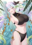  black_gloves blue_eyes breasts cupitan_(granblue_fantasy) cupitan_(summer)_(granblue_fantasy) gloves granblue_fantasy highres large_breasts multicolored_hair palm_leaf rainbow_hair robe shinoho swimsuit 