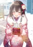  1girl ^_^ absurdres blunt_bangs blurry blurry_background blush brown_hair car closed_eyes commentary_request facing_viewer fingernails floral_print_kimono flower fur-trimmed_kimono fur_trim furisode hair_between_eyes hair_flower hair_intakes hair_ornament hatsumoude highres japanese_clothes kimono long_hair long_sleeves mole mole_under_mouth motor_vehicle nail_polish new_year obi obijime omikuji open_mouth original outdoors pink_kimono pink_nails sash siokazunoko smile snowing solo wide_sleeves 