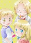  1girl 2boys :d :o alphonse_elric arms_at_sides bandaid bandaid_on_cheek bangs blonde_hair blue_eyes candy child closed_eyes dress edward_elric eyebrows_visible_through_hair eyelashes floral_print food fullmetal_alchemist grey_shirt hand_up happy holding holding_candy holding_food holding_lollipop light_blush lollipop looking_at_another looking_at_viewer looking_back multiple_boys open_mouth pink_dress raglan_sleeves red_shirt shiny shiny_hair shirt short_hair short_sleeves simple_background smile star_(symbol) starry_background sweets swept_bangs tareme uho_(uhoponta) white_shirt winry_rockbell yellow_background yellow_eyes younger 