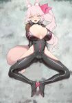 1girl absurdres animal_ear_fluff animal_ears arms_behind_back bar_censor black_bodysuit blush bodysuit boots bow breasts breasts_apart breasts_out cameltoe censored choker commentary_request fang fate/grand_order fate_(series) fox_ears fox_girl fox_tail hair_between_eyes hair_bow high_heel_boots high_heels highres hip_vent knee_boots koyanskaya_(assassin)_(first_ascension)_(fate) koyanskaya_(fate) kunabishi large_breasts long_hair lying nipples on_back open_mouth pink_bow pink_fur pink_hair ponytail pussy rolling_eyes sidelocks smile solo spread_legs tail tamamo_(fate) tongue torn_clothes translation_request yellow_eyes 