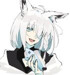  1girl ahoge animal_ear_fluff animal_ears aqua_eyes asymmetrical_hair braid commentary eyelashes fangs fox_ears fox_girl french_braid hair_between_eyes hair_over_one_eye henriiku_(ahemaru) highres holding holding_mask hololive hood hoodie long_hair looking_at_viewer mask one_eye_covered open_mouth pentagram portrait shirakami_fubuki shirakami_fubuki_(1st_costume) simple_background single_braid solo teeth tongue tongue_out virtual_youtuber white_background white_hair white_hoodie 