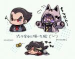  1girl 2boys angry black_coat black_gloves black_hair black_shirt black_wings bug butterfly chibi clenched_hands coat collared_shirt dated devil_jin fingerless_gloves forehead_jewel gloves grey_horns grey_jacket horns jacket kazama_jin kotorai kunimitsu_ii mask mishima_kazuya multicolored_hair multiple_boys no_nose purple_eyes purple_jacket red_gloves scar scar_on_cheek scar_on_face shirt signature sleeping streaked_hair tekken thick_eyebrows translation_request v-shaped_eyebrows wings 