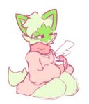 ambiguous_gender anthro baggy_clothing cheek_tuft clothing facial_tuft generation_9_pokemon hot_drink jaspixie nintendo pokemon pokemon_(species) scarf solo sprigatito steam tail tuft