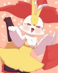  1girl animal_ear_fluff animal_ears animal_nose bag black_fur blush body_fur braixen breasts bright_pupils commentary_request cowboy_shot cropped_legs dutch_angle fang fox_ears fox_girl fox_tail fur-trimmed_headwear fur_trim furry furry_female half-closed_eyes hands_up happy hat heart highres holding holding_bag index_finger_raised looking_at_viewer multicolored_fur navel neck_fur open_mouth pink_background pokemon pokemon_(creature) red_eyes red_headwear sakuyan_(sakuyan1007) santa_hat shopping_bag small_breasts smile snout solo standing stick stomach tail thick_thighs thighs white_fur white_pupils wide_hips yellow_fur 