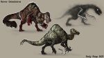 ambiguous_gender beak blood bloody_feathers bodily_fluids bound chain claws creepy deinocheirus dinosaur emily_stepp feathered_dinosaur feathers feral fossil ghost glowing glowing_eyes group hi_res horror_(theme) reptile scales scalie simple_background spirit trio