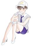  1boy aki_(aki_art_1277) bare_legs baseball_cap bishounen blush brown_eyes brown_hair collared_shirt florian_(pokemon) full_body gloves grey_shirt hat high_heels highres legs looking_at_viewer male_focus necktie open_mouth parted_bangs pokemon pokemon_sv purple_necktie purple_shorts shirt shoe_dangle short_hair short_sleeves shorts simple_background sitting sleeves_rolled_up solo sweatdrop swept_bangs white_background white_footwear white_gloves white_headwear 