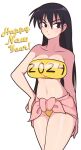  1girl 2024 absurdres azumanga_daioh bandeau bikini black_eyes black_hair breasts cleavage closed_mouth commentary cowboy_shot english_commentary expressionless hair_between_eyes hand_on_own_hip happy_new_year highres jeff_miga large_breasts linea_alba long_hair looking_at_viewer navel pink_sarong sakaki_(azumanga_daioh) simple_background solo standing stomach straight_hair strapless strapless_bikini swimsuit v-shaped_eyebrows white_background yellow_bandeau yellow_bikini 