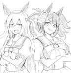  2girls animal_ears blush bow breasts commentary_request crossed_arms ear_covers fang fox_mask greyscale grin highres horse_ears horse_girl inari_one_(umamusume) large_breasts long_hair looking_at_viewer mask miya_nns35 monochrome multiple_girls open_mouth pleated_skirt puffy_short_sleeves puffy_sleeves sailor_collar shirt short_sleeves sketch skirt smile summer_uniform tamamo_cross_(umamusume) twintails umamusume upper_body white_background 