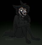 anthro black_background black_body black_fur black_hair bone breasts canid fangs female fur genitals glowing glowing_eyes hair looking_at_viewer malo mammal nude pussy scp-1471-a scp_foundation serareldeer simple_background sitting skull skull_head solo teeth white_eyes