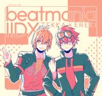  2boys beatmania_iidx black_jacket blush bright_pupils character_name closed_mouth commentary_request copyright_name dated ereki_(beatmania) finger_gun folded_ponytail glasses goggles goggles_on_head grin hair_between_eyes jacket kurogane_tekka locked_arms long_bangs long_sleeves male_focus maoh_(aburaage0528) multicolored_clothes multicolored_jacket multiple_boys orange_eyes orange_hair orange_jacket orange_shirt orange_theme rimless_eyewear shirt short_hair smile two-tone_jacket upper_body white_pupils 