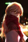  1girl blonde_hair blurry bokeh depth_of_field e20_(79324944) girls&#039;_frontline girls&#039;_frontline_2:_exilium hair_between_eyes highres long_hair looking_at_viewer looking_to_the_side orange_eyes ots-14_(girls&#039;_frontline) red_scarf scarf smile solo upper_body 