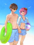  1boy 1girl :d alternate_costume ball bangs beach beachball black_hair blue_eyes bow collarbone day doki_doki_literature_club hair_between_eyes hair_bow hetero holding_hands innertube interlocked_fingers male_swimwear open_mouth outdoors pink_hair protagonist_(doki_doki_literature_club) red_bow sayori_(doki_doki_literature_club) shirtless short_hair smile sora_(efr) sunglasses swim_trunks swimwear yellow-framed_eyewear 