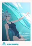  0.7_(aysatnegr) 1girl ahoge animal_ear_fluff animal_ears bare_arms bare_legs bare_shoulders black_one-piece_swimsuit blue_archive blue_eyes blue_halo breasts closed_mouth collarbone competition_swimsuit covered_navel extra_ears grey_hair halo highres medium_hair official_alternate_costume one-piece_swimsuit shiroko_(blue_archive) shiroko_(swimsuit)_(blue_archive) small_breasts smile solo swimsuit water wolf_ears 