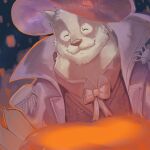  1boy badger_boy badger_ears blush bug closed_eyes echo_project english_commentary furry furry_male halloween halloween_costume highres lodgebert looking_at_viewer male_focus nikolai_krol_(the_smoke_room) smile spider the_smoke_room upper_body 