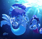  2girls blush fish fubukihime ice long_hair looking_at_viewer mermaid monster_girl multicolored_hair multiple_girls navel ningyo_(youkai_watch) nollety one_eye_closed open_mouth ponytail purple_hair shell shell_bikini trembling two-tone_hair underwater youkai_(youkai_watch) youkai_watch 