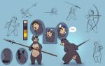  2018 anthro arrow bow_(weapon) breasts casual_nudity dialogue english_text featureless_crotch female fur grey_body grey_fur halberd holding_object holding_spear holding_sword holding_weapon mammal melee_weapon model_sheet nipples nude polearm ranged_weapon siroc solo spear sword text ursid weapon 