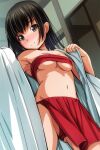  1girl ass_visible_through_thighs black_hair blush breasts chest_sarashi dutch_angle fundoshi head_tilt highres indoors japanese_clothes long_hair matsunaga_kouyou medium_breasts miko navel nose_blush original sarashi smile solo stomach underboob undressing 