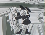  1920s_(style) 1girl commentary english_commentary hat highres kagari_atsuko little_witch_academia luna_nova_school_uniform medium_hair open_mouth parody school_uniform single_tooth solo standing stargazing_ori steamboat_willie steering_wheel witch witch_hat 