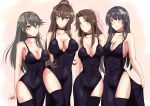  4girls absurdres alternate_costume breasts breasts_apart brown_eyes brown_hair choker cleavage covered_navel dress flower fusou_(kantai_collection) hair_between_eyes hair_flower hair_intakes hair_ornament haruna_(kantai_collection) highres jintsuu_(kantai_collection) kantai_collection large_breasts long_hair looking_at_viewer medium_breasts multiple_girls pink_ribbon ponytail ribbon shutenndouji1 side_slit smile thighhighs yamato_(kantai_collection) 