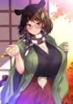  1girl :3 animal_ears breasts brown_eyes brown_hair checkered checkered_scarf cleavage closed_mouth ebi_193 futatsuiwa_mamizou glasses holding holding_pipe japanese_clothes kimono large_breasts looking_at_viewer pince-nez pipe raccoon_ears scarf short_hair smile solo touhou 