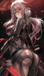  1girl armored_bodysuit ass black_bodysuit blush bodysuit breasts closed_mouth from_behind goddess_of_victory:_nikke grey_hair hair_between_eyes highres large_breasts long_hair looking_at_viewer official_alternate_costume qian_wu_atai red_eyes scarlet_(black_shadow)_(nikke) scarlet_(nikke) solo weapon 