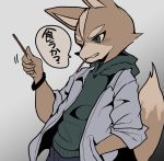  5_fingers anthro black_nose blush candy canid canine chocolate clothing dessert eyebrows fingers food fox fox_mccloud fur green_eyes hi_res jacket japanese_text male mammal nintendo pocky rsn_07 solo star_fox tan_body tan_fur teeth text topwear video_games 