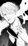  1boy bandaid bandaid_on_hand cigarette commentary curly_eyebrows facial_hair hair_over_one_eye highres holding holding_cigarette holding_knife jacket knife littleleafbun long_sleeves male_focus monochrome necktie one_piece open_mouth sanji_(one_piece) shirt short_hair smoke smoking solo symbol-only_commentary 