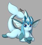 2023 3_toes artist_name blue_body blue_eyes bokurei digital_drawing_(artwork) digital_media_(artwork) dorsal_fin ear_fins eeveelution eyelashes feet female feral fin flukes front_view generation_1_pokemon generation_4_pokemon glaceon glaporeon_(bokurei) grey_background head_first hi_res hybrid hybrid_pokemon leg_markings looking_at_viewer lying markings multicolored_body nintendo on_front paws pokemon pokemon_(species) quadruped raised_tail simple_background small_nose socks_(marking) solo tail tail_fin thick_tail three-quarter_view toes two_tone_body vaporeon
