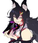  1girl animal_ear_fluff animal_ears black_hair choker closed_mouth commentary detached_sleeves double-parted_bangs facial_mark fangs fingernails hair_between_eyes hair_ornament half-closed_eyes henriiku_(ahemaru) highres holding holding_mask hololive long_hair looking_at_viewer mask multicolored_hair ookami_mio ookami_mio_(1st_costume) orange_eyes red_choker red_hair sailor_collar sharp_fingernails sidelocks simple_background solo streaked_hair teeth two-tone_hair upper_body virtual_youtuber whisker_markings white_background wolf_ears wolf_girl 