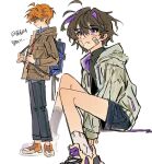  1boy 1girl ankle_socks backpack bag bandaged_head bandages blue_bag brown_hair brown_jacket grey_jacket holding_strap jacket korean_commentary korean_text looking_to_the_side multicolored_hair orange_hair original purple_hair seeshin_see shoes sitting slight_smile sneakers socks standing two-tone_hair white_socks 