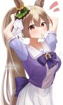  1girl absurdres adjusting_hair animal_ears arms_up back_bow blush bow breasts brown_eyes brown_hair collarbone commentary_request highres holding horse_ears horse_girl horse_tail large_breasts long_hair looking_at_viewer lryutanl mouth_hold parted_lips pleated_skirt ponytail purple_shirt purple_skirt satono_diamond_(umamusume) school_uniform shirt short_sleeves simple_background skirt solo tail thighs tracen_school_uniform twitter_username umamusume white_background 