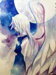  1girl blue_skirt blue_vest colored_skin commentary_request cowboy_shot feathered_wings flat_chest from_side kaigen_1025 long_hair long_sleeves painting_(medium) sariel_(touhou) shirt skirt solo touhou touhou_(pc-98) traditional_media vest watercolor_(medium) white_hair white_shirt white_skin white_wings wings 