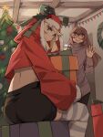  1boy 1girl absurdres black_shirt black_shorts blonde_hair blue_eyes blush box bridget_(guilty_gear) brown_hair christmas christmas_tree closed_mouth commentary cropped_shirt english_commentary fur_trim gift gift_box glasses grey_thighhighs guilty_gear hand_up highres hood hood_up indoors long_hair long_sleeves may_(guilty_gear) open_mouth orange_eyes otoko_no_ko purple_sweater round_eyewear santa_costume shirt shorts sitting standing striped striped_thighhighs sweater teeth thighhighs togekk0 upper_teeth_only waving white_thighhighs 