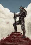  1boy american_flag armor backpack bag blue_sky cityscape cloud cloudy_sky fallout_(series) fallout_4 hill looking_at_viewer power_armor rotaken sky sole_survivor_(male) solo sword weapon 